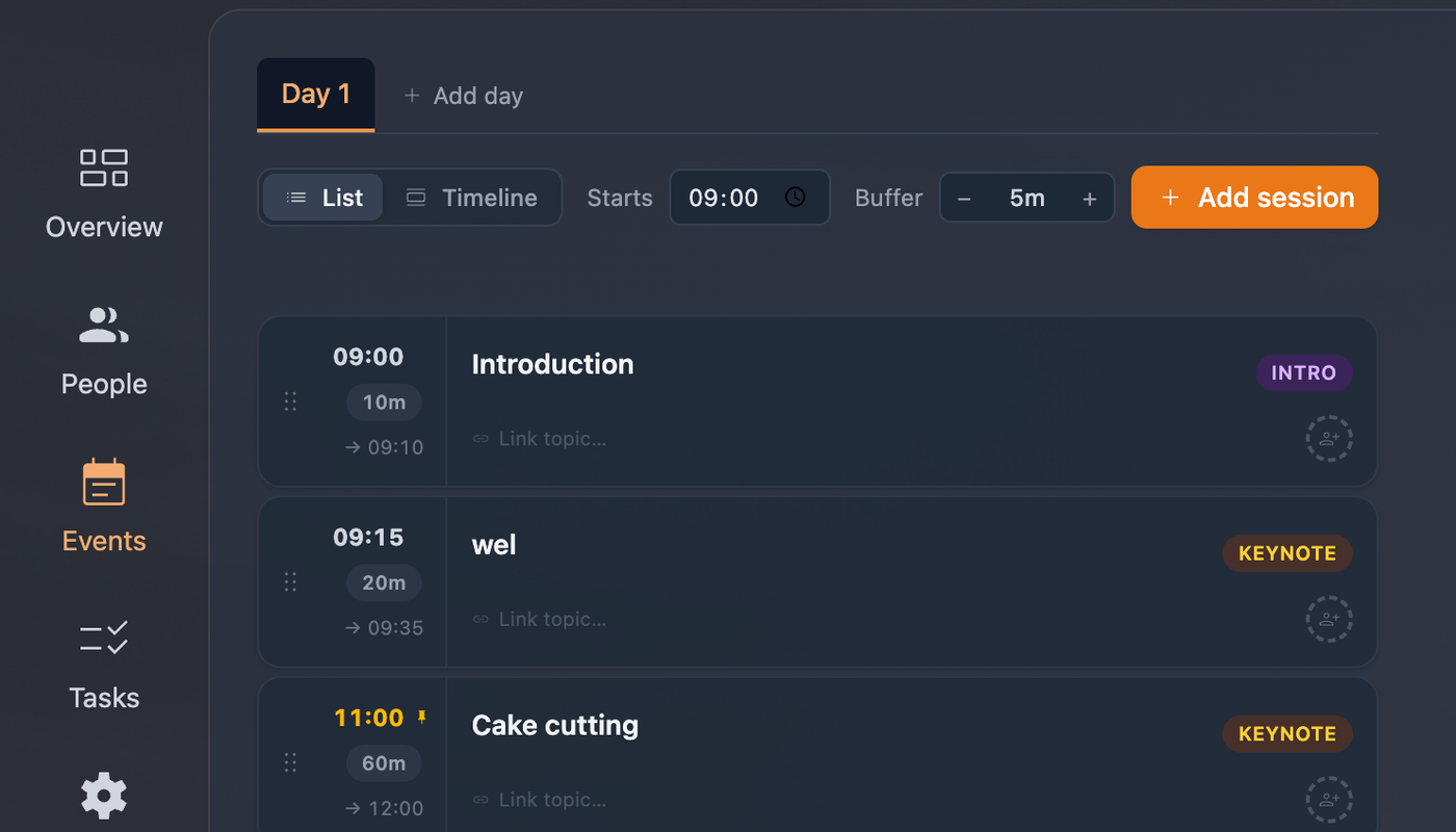 Real-time collaborative agenda builder with drag-and-drop multi-track sessions