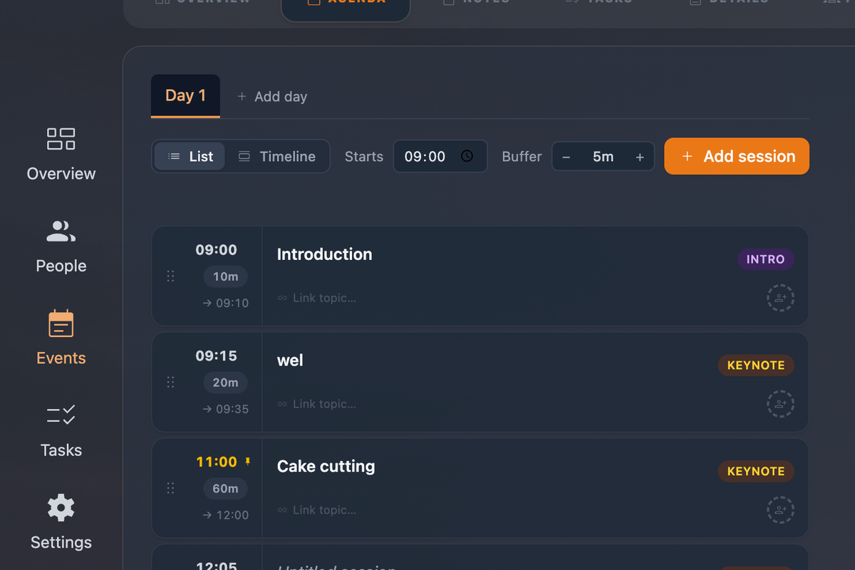 Real-time collaborative agenda builder showing drag-and-drop session management