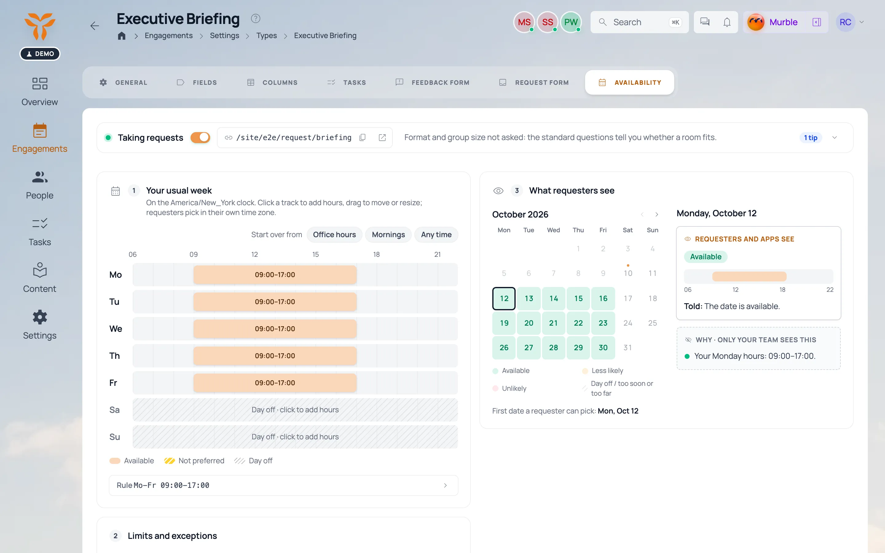 Availability for a type: a weekly grid of hours, with limits and exceptions.