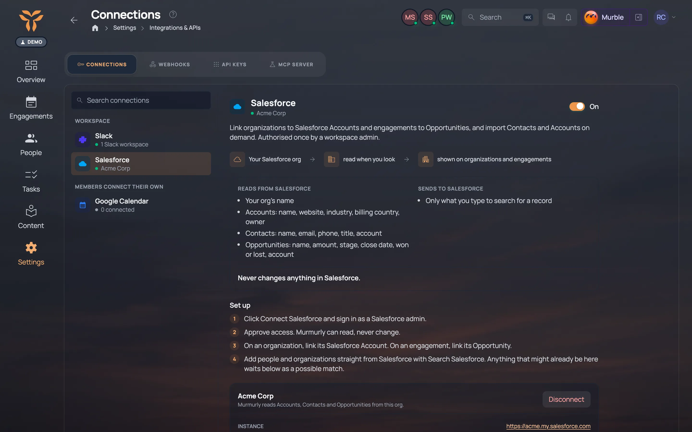Connections settings: Slack, Salesforce and Google Calendar connected.