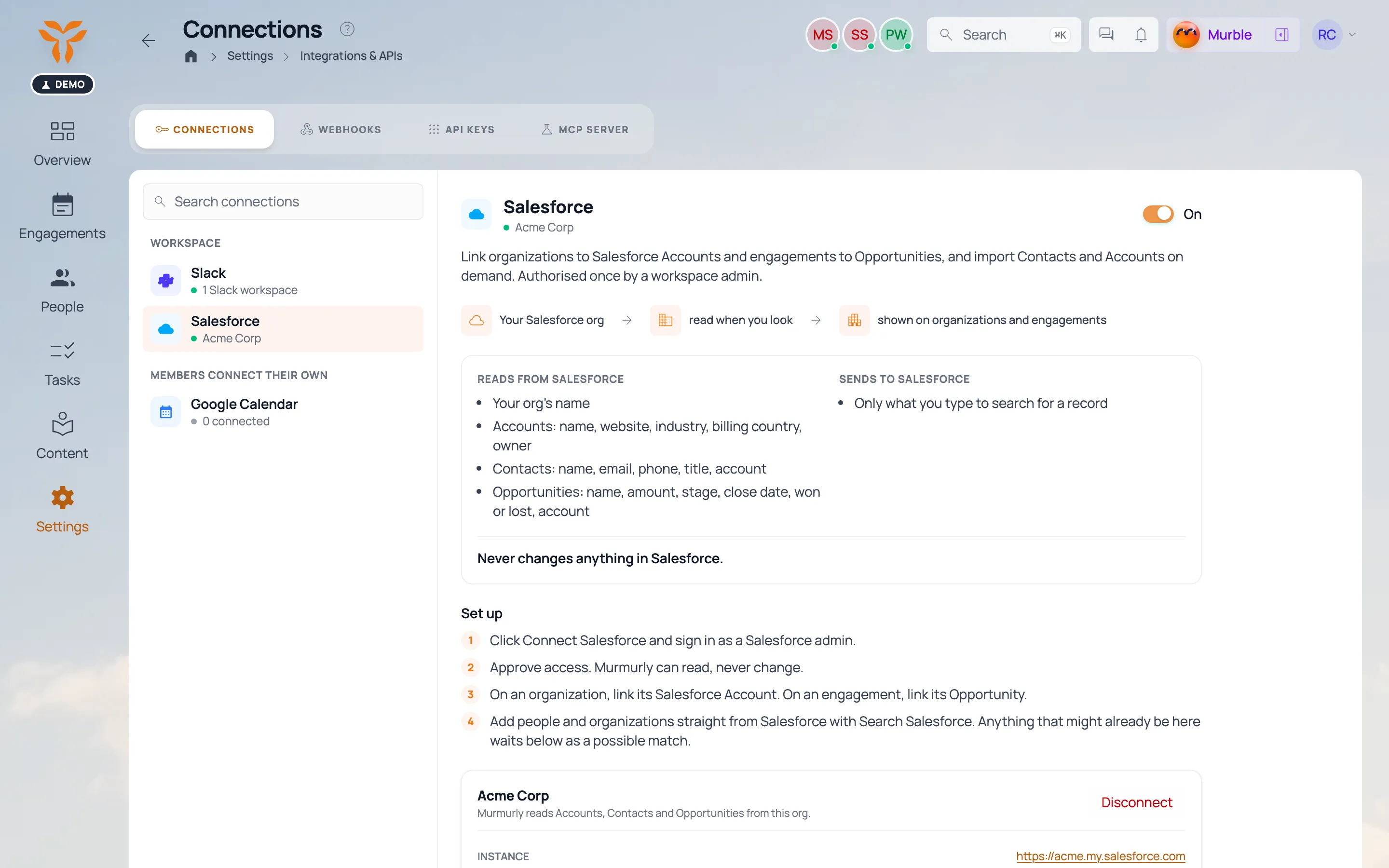 Connections settings: Slack, Salesforce and Google Calendar connected.