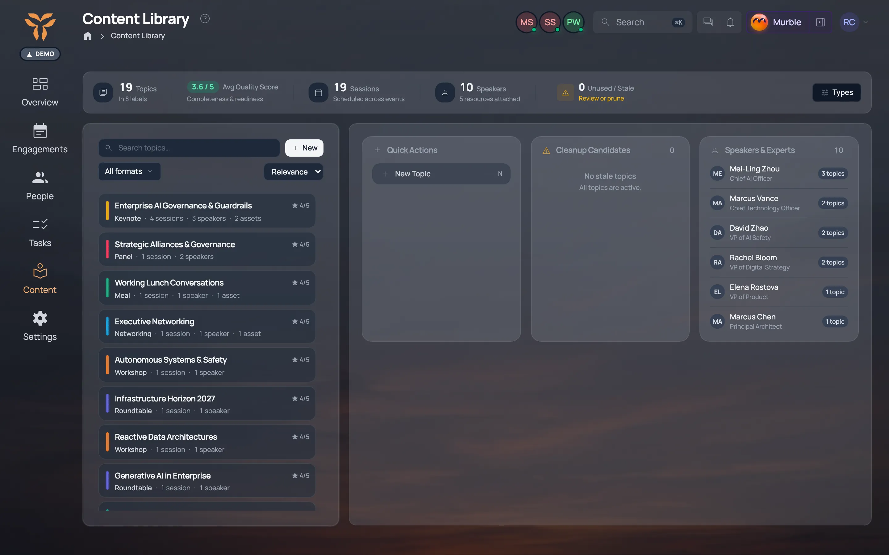 The content library: decks, bios and guides used across engagements.