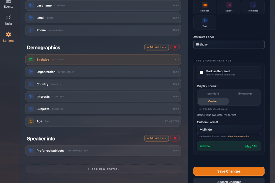 Custom attribute configuration screen showing dynamic field types and layout sections