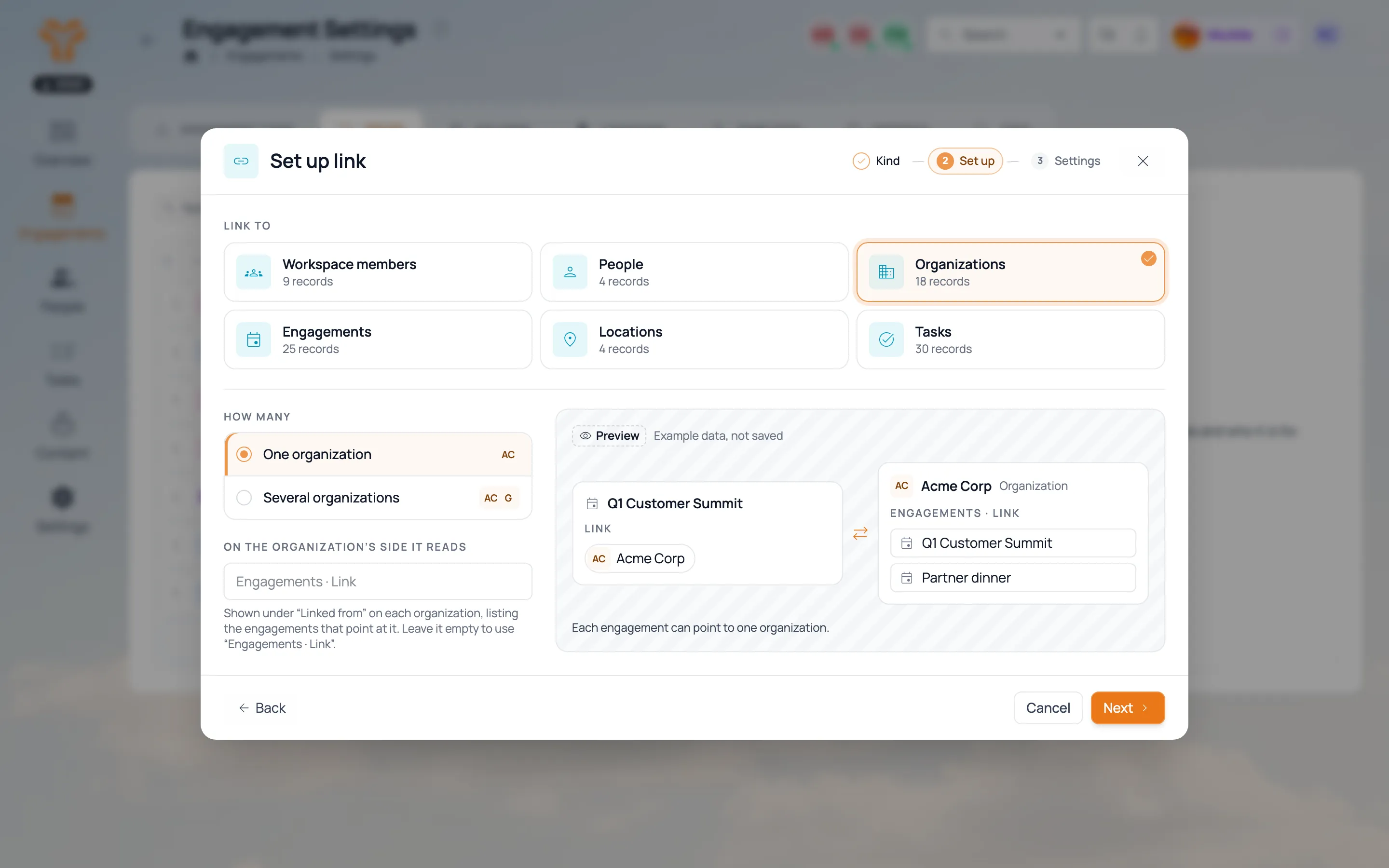 Setting up a link field to Organizations, with a preview of the engagement and the organization side.