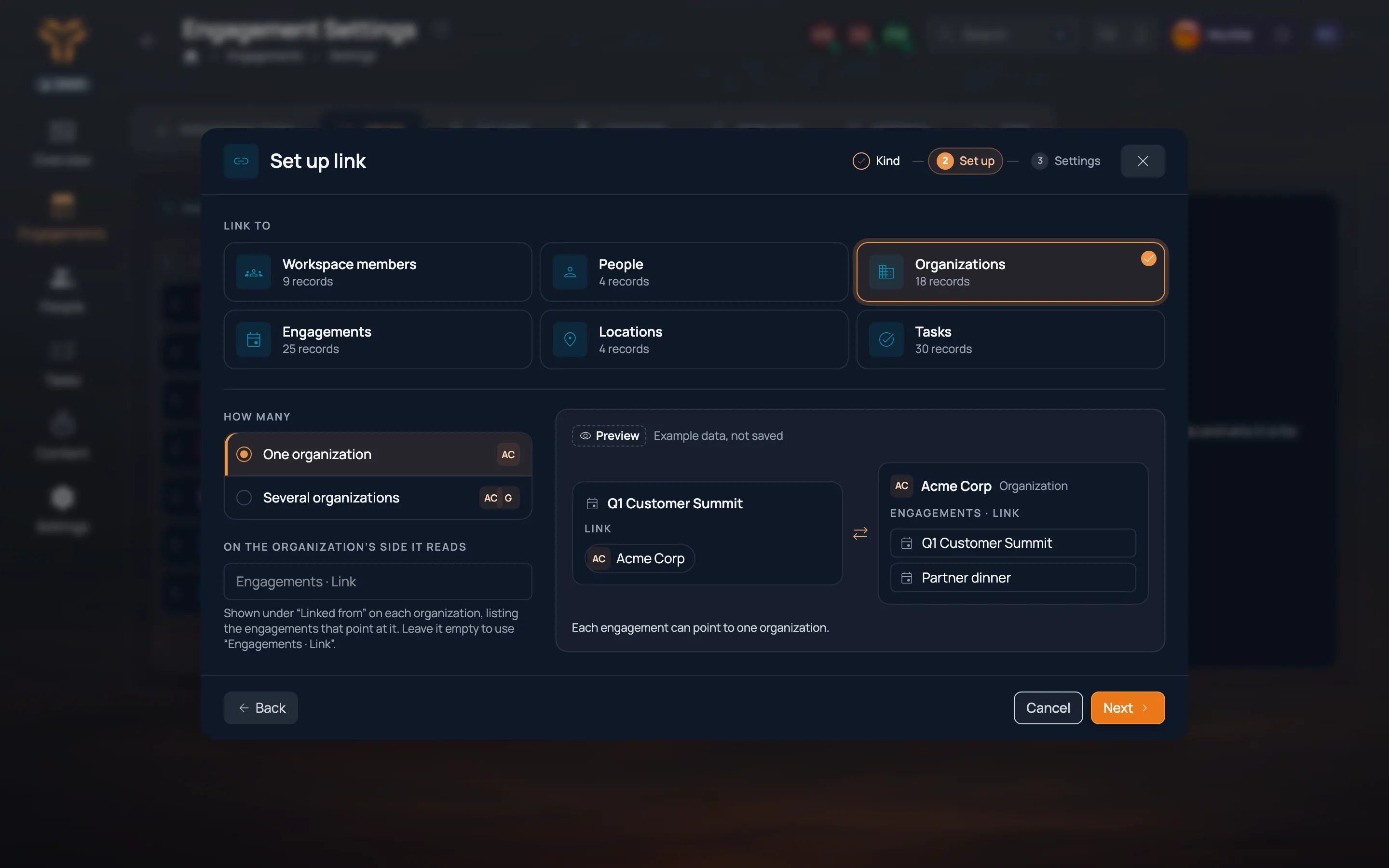 Setting up a link field to Organizations, with a preview of the engagement and the organization side.