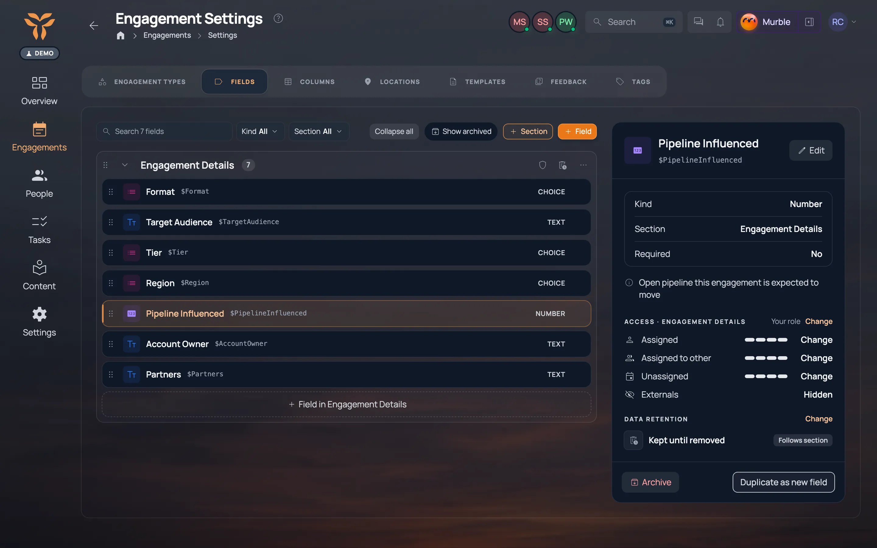 The field manager: core fields plus custom ones per engagement type.