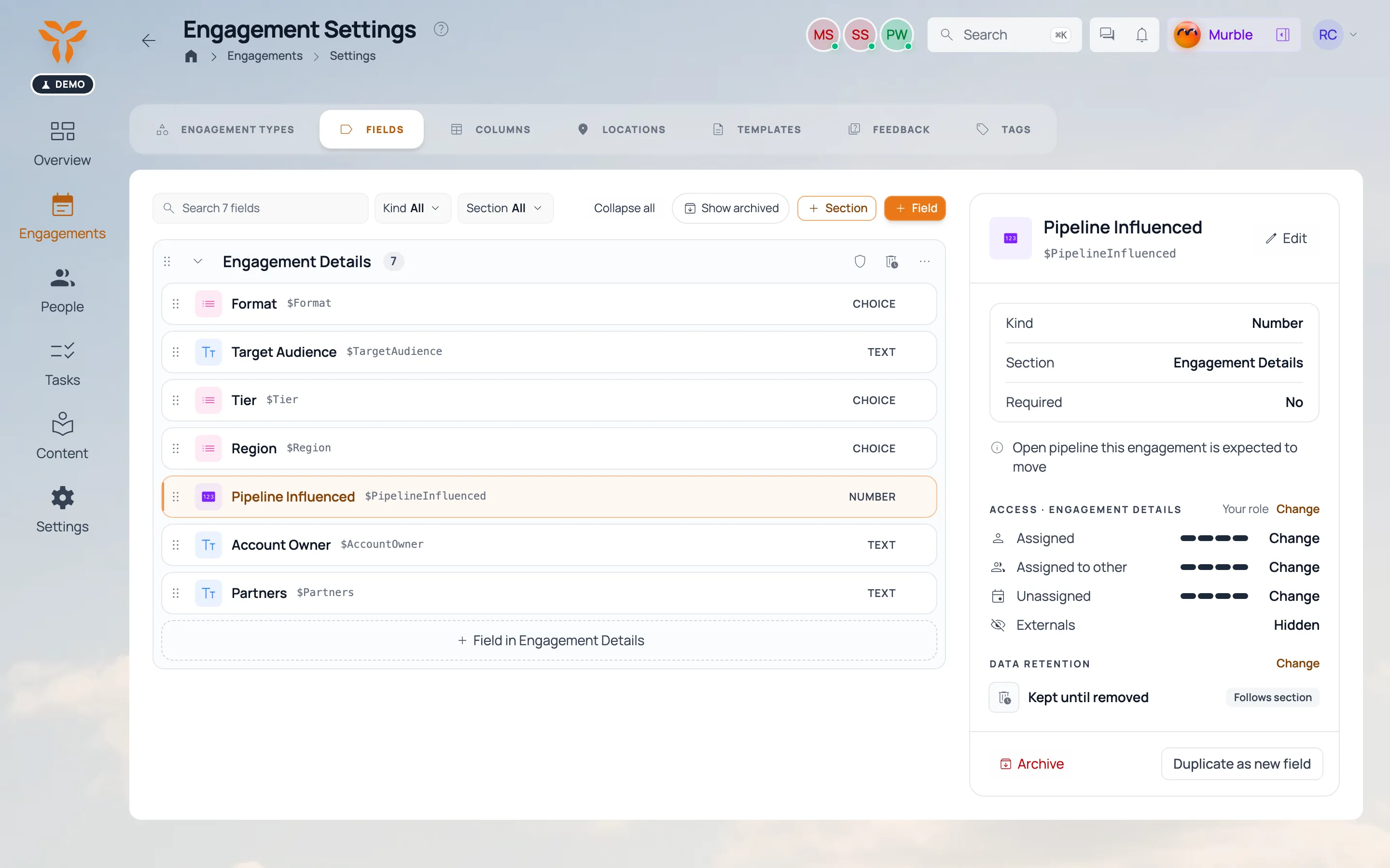 The field manager: core fields plus custom ones per engagement type.