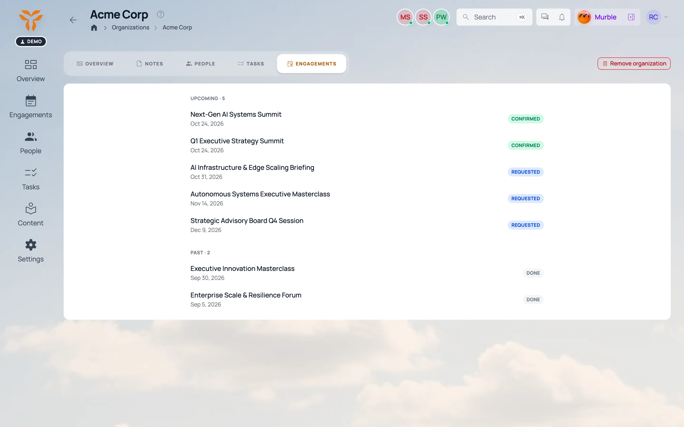 Organization page: contacts and engagement history.