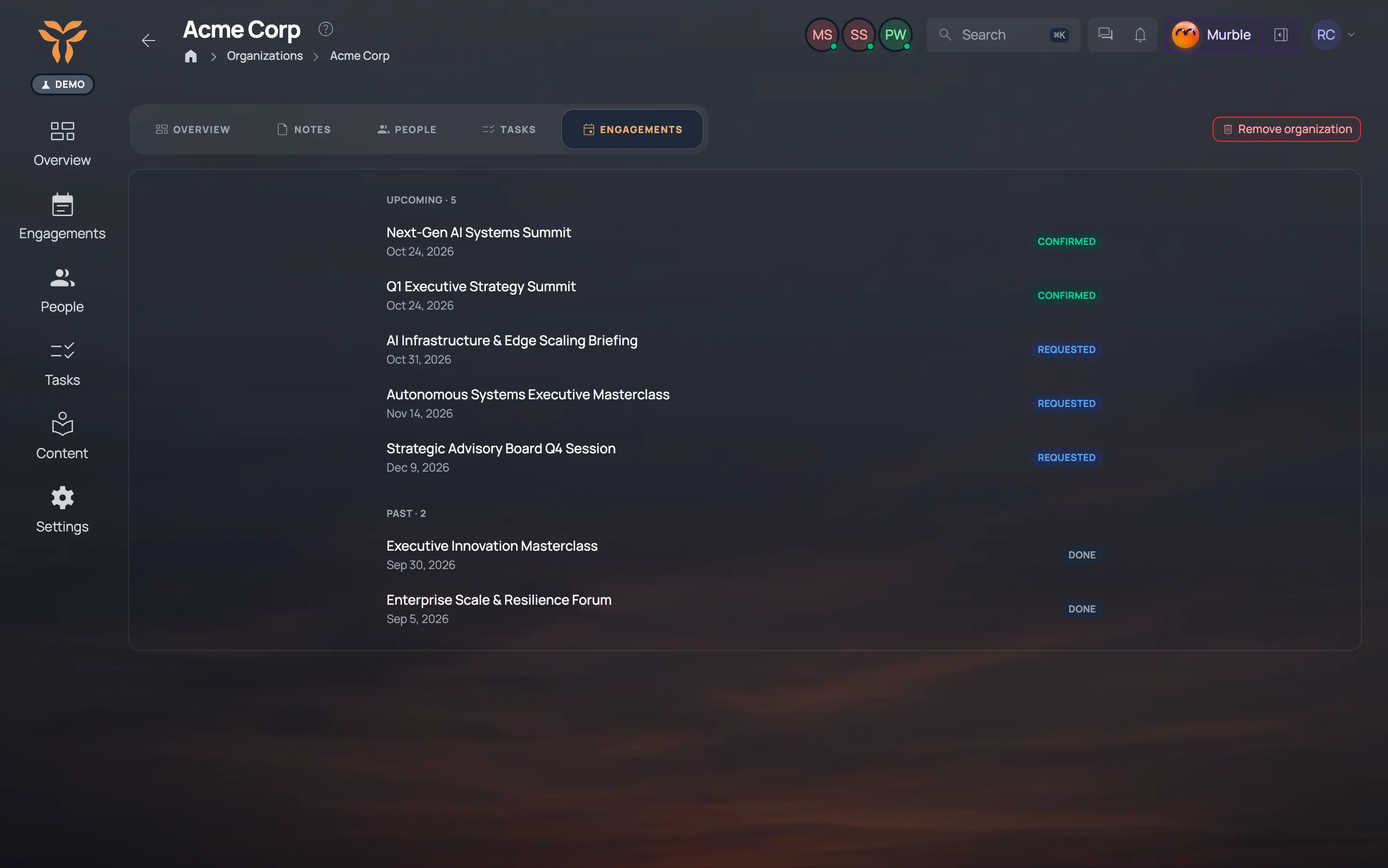 Organization page: contacts and engagement history.