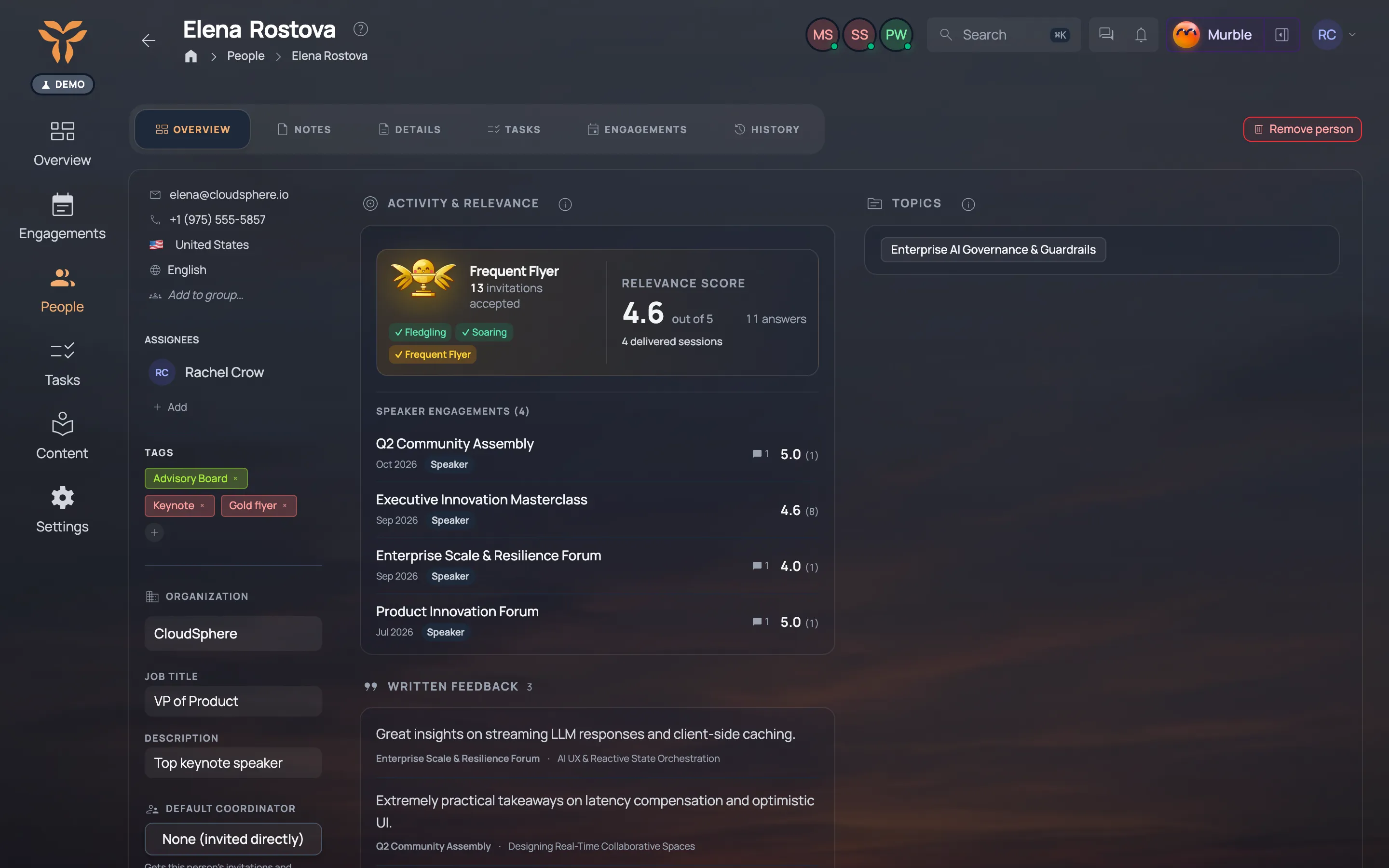 A speaker’s profile page with their engagements and details.
