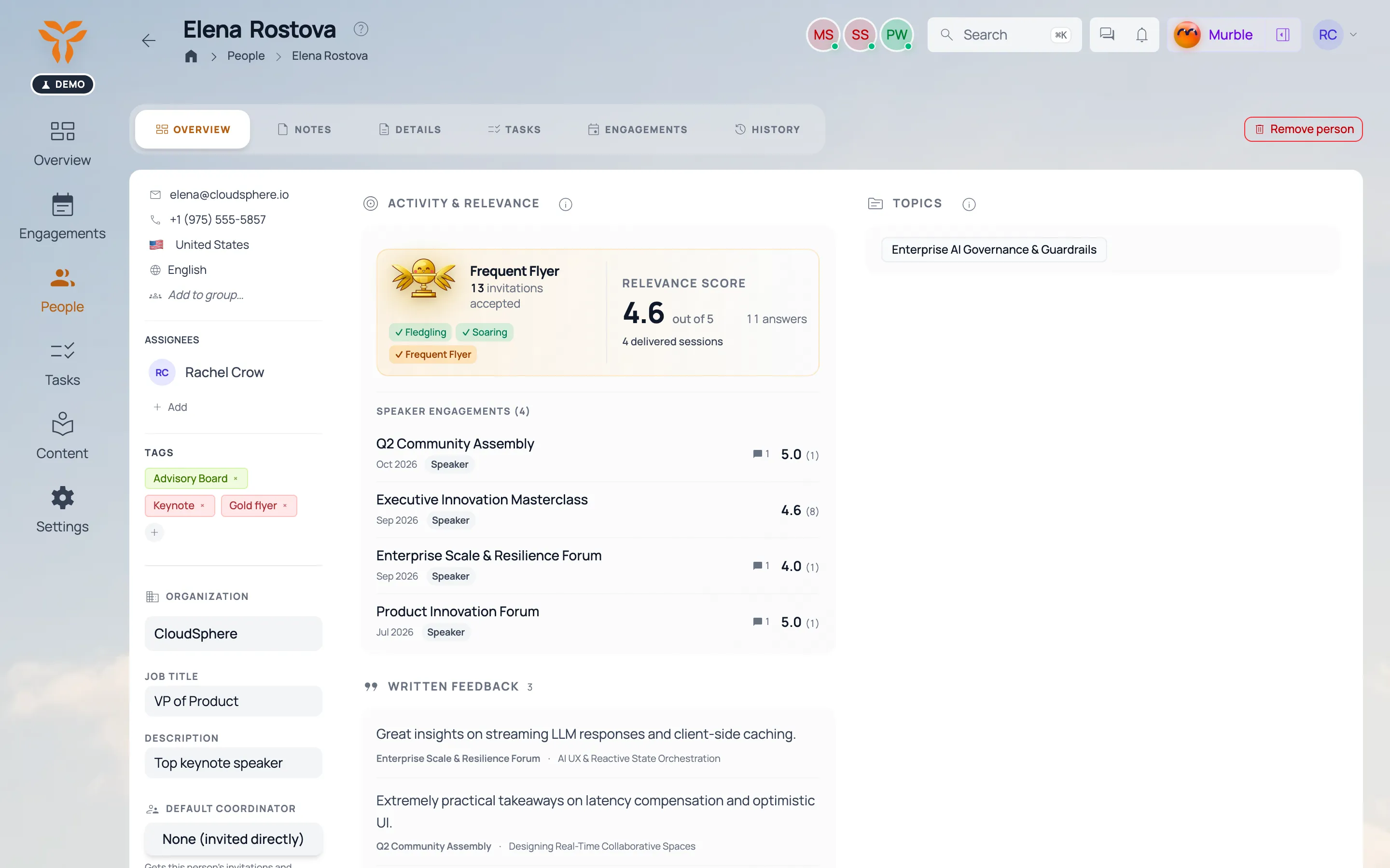 A speaker’s profile page with their engagements and details.