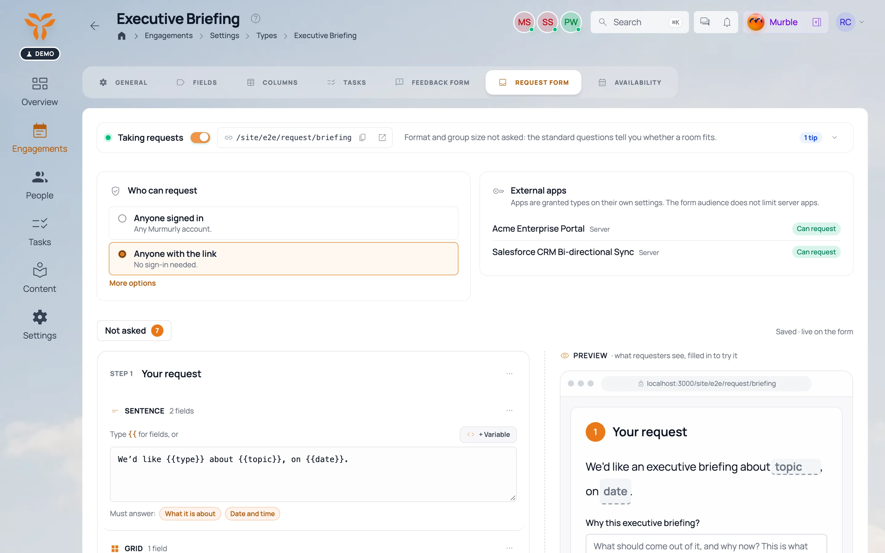Request form settings for the Executive briefing type: who can request, and the questions the form asks.