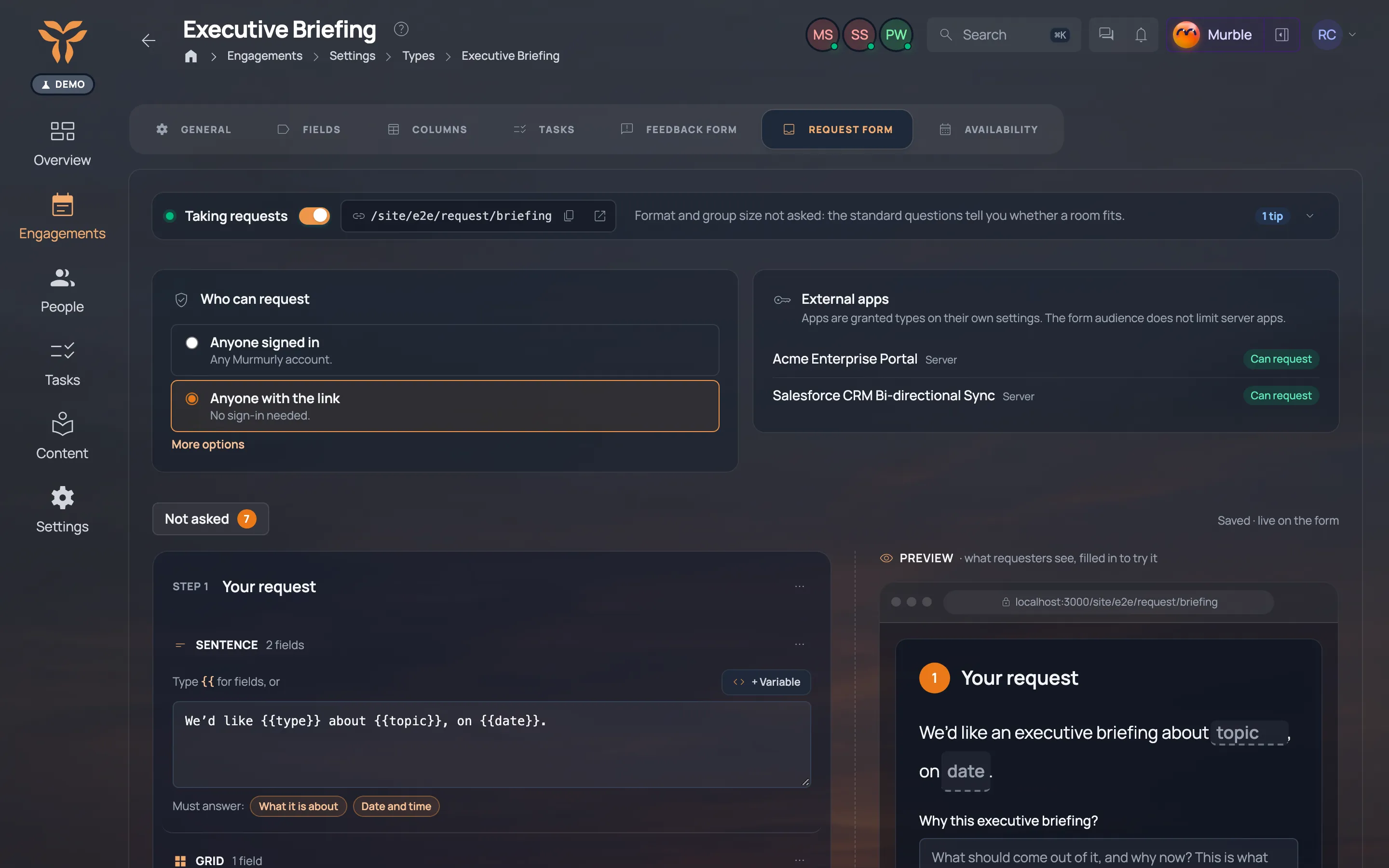 Request form settings for the Executive briefing type: who can request, and the questions the form asks.
