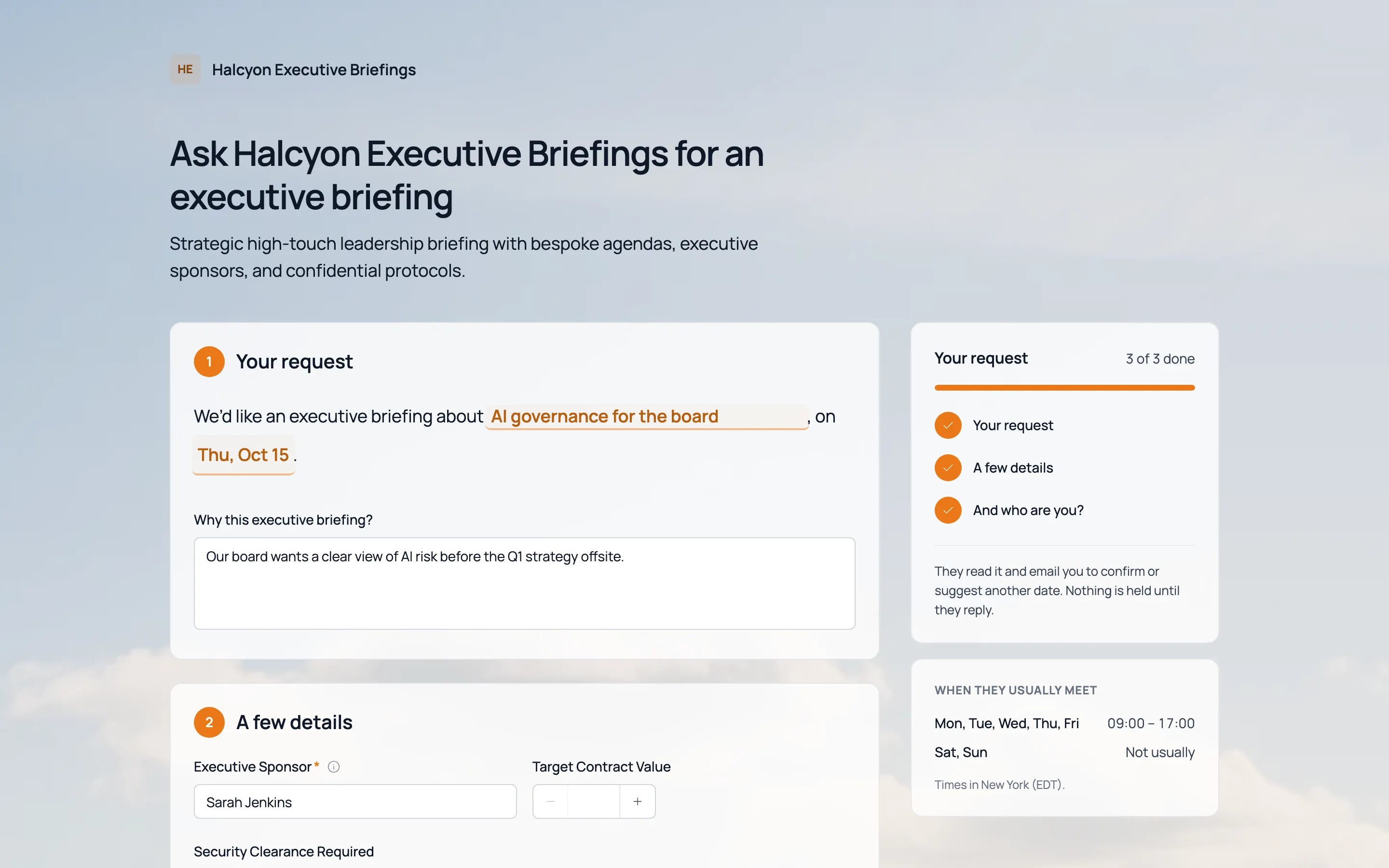 A public “Ask for an executive briefing” form: your request, then who you are.