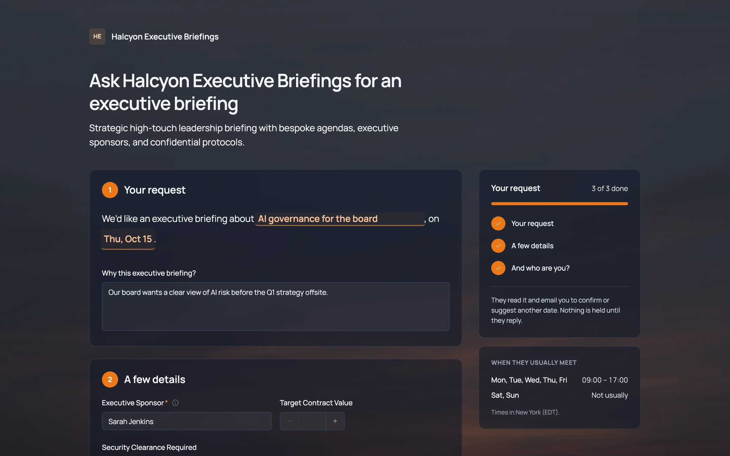 A public “Ask for an executive briefing” form: your request, then who you are.