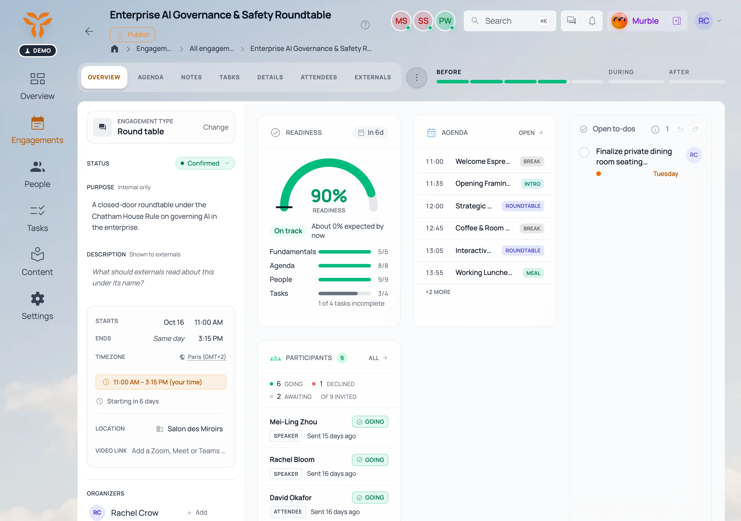 The roundtable engagement page showing readiness at 90 percent, on track, with one open task: the seating plan.